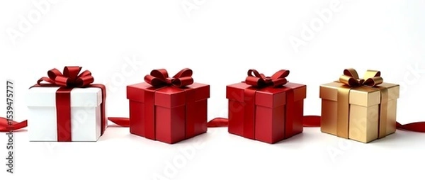 Fototapeta Colorful gift boxes with decorative bows, isolated on white background - ideal for celebrations, birthdays, holidays, and special occasion-themed visuals or promotions.