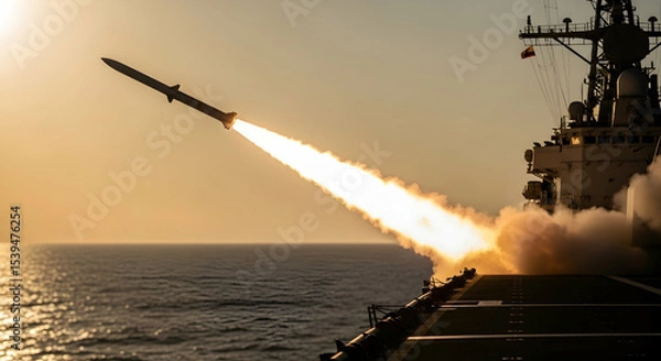 Fototapeta Naval Power: Missile Launch from Warship at Sea