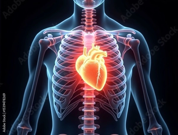 Fototapeta Human circulatory system with the heart and major blood vessels shown inside a transparent skeleton - perfect for educational, medical, and anatomical visuals highlighting internal body function.
