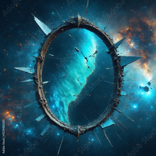 Obraz Shattered oval frame in space with teal shoreline, cosmic nebula background