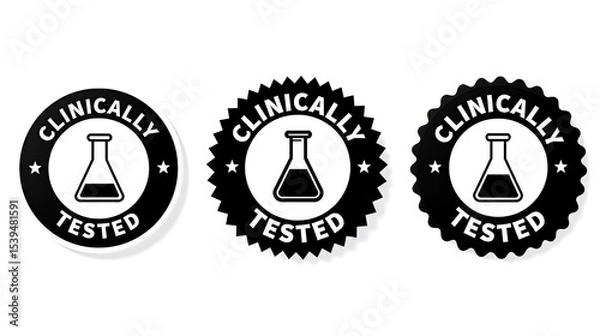 Fototapeta Clinically tested and clinically approved label icons in black line style, isolated on a white background - ideal for medical, pharmaceutical, or skincare product certifications and trust indicators.
