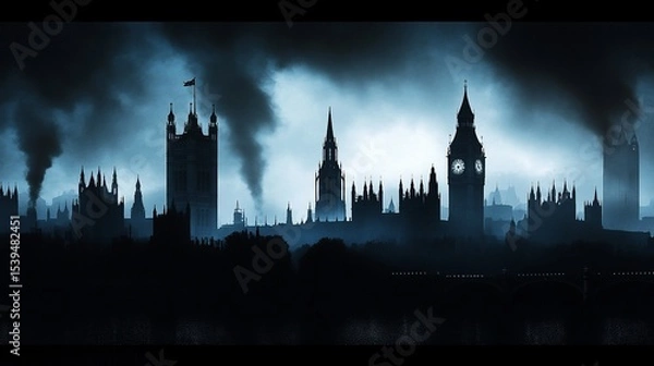 Fototapeta Dramatic Silhouette of London Skyline Under a Moody Sky with Smoke