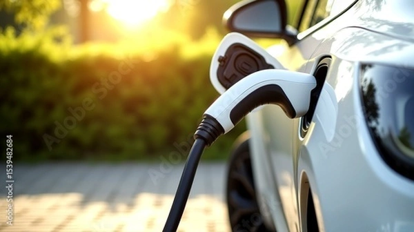 Fototapeta EV Car or Electric car at charging station with the power cable supply plugged in on blurred nature with soft light background. Eco-friendly alternative energy concept