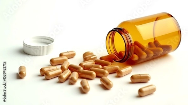 Fototapeta Pills spilling out of a pill bottle, isolated on a white background - representing medication, health, and pharmaceutical concepts in a clean, minimalist style.