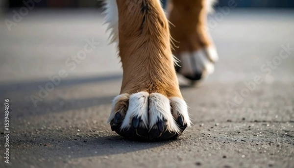 Fototapeta Dog paws walking asphalt.