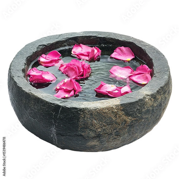 Fototapeta Round stone fountain with clear water and pink rose petals isolated on transparent background.