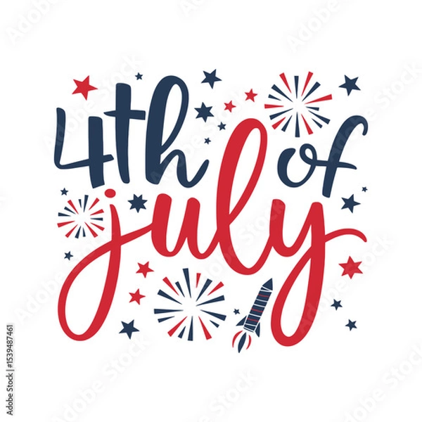 Fototapeta Dynamic 4th of July Lettering with Fireworks and Rocket for Independence Day