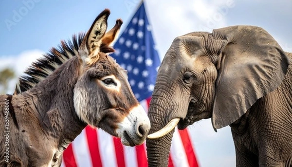 Fototapeta Donkey with Elephant, US Flag, and Politics.