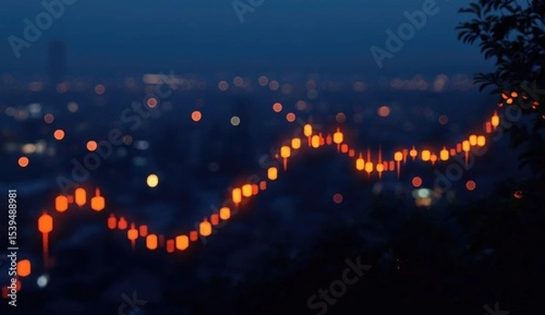 Fototapeta Night cityscape blurred background, highlighted stock chart upward trend