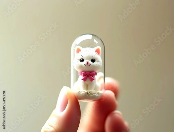 Obraz Pocket-Sized Dream: A Tiny White Cat with a Pink Ribbon Encapsulated in Crystal Clarity, Holding Pure Cuteness Between Reality and Fantasy, gashapon