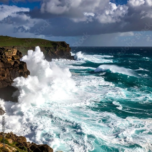 Fototapeta Dramatic ocean waves crashing cliffs.