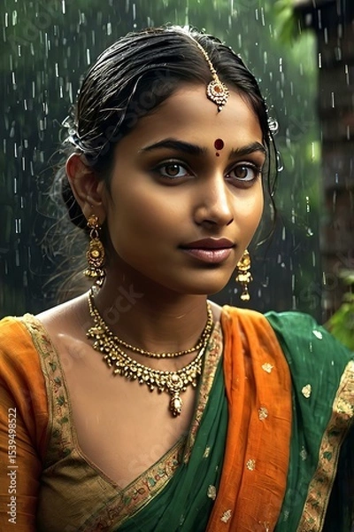 Fototapeta A stunning Indian female model in rain drops with green background. A Beautiful stunning Indian woman in sari enjoying rain at day time in garden.