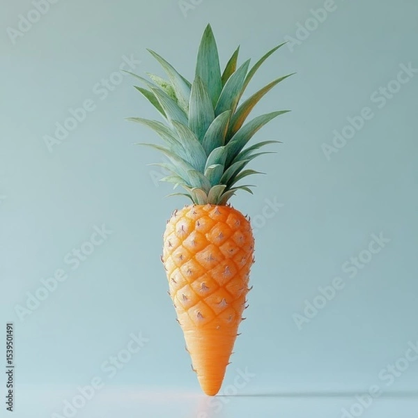 Fototapeta Unusual hybrid fruit combining a carrot body with pineapple leaves on top against a plain light blue background