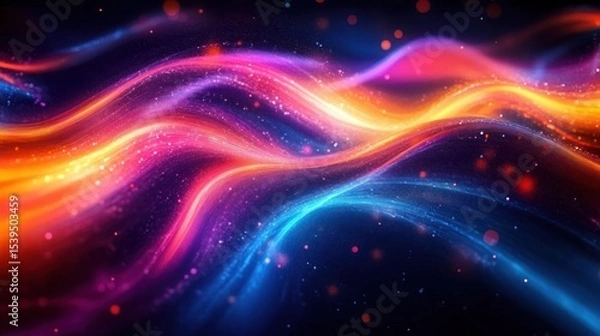 Obraz Vibrant flowing waves of light in purple, pink, orange, and blue hues with glowing particle effects creating a dynamic and energetic abstract scene