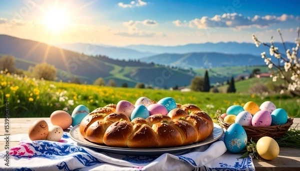Fototapeta Easter bread with eggs, and spring hills.