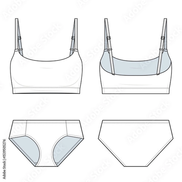 Fototapeta Seamless Bra Top and Mid-Rise Panty Set Technical Fashion Illustration. Women’s Underwear Vector Template. Adjustable Straps. Comfortable Fit.  Front and Back View. Minimalist Lingerie. CAD Mockup Set