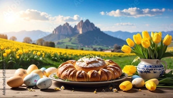 Fototapeta Easter bread with tulips, and mountain view.