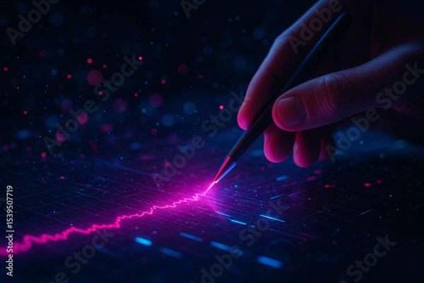 Fototapeta AI generated image of a human hand using a glowing digital stylus to interact with a holographic interface displaying real time graph data in a high tech analytical environment.