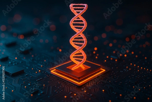 Fototapeta AI generated image of glowing DNA rising from microchip on dark circuit board blending biotechnology and futuristic computing in sci fi style