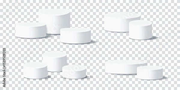 Fototapeta Realistic white stands for cosmetic packaging. 3D podium background for makeup or skincare showcase. Vector illustration set isolated on transparent background
