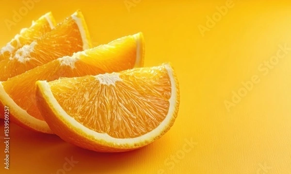 Fototapeta Fresh orange slices on a vibrant yellow background evoke a sunny, cheerful mood.