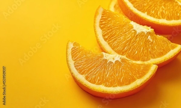 Fototapeta Fresh orange slices on a vibrant yellow background create a bright and refreshing image.