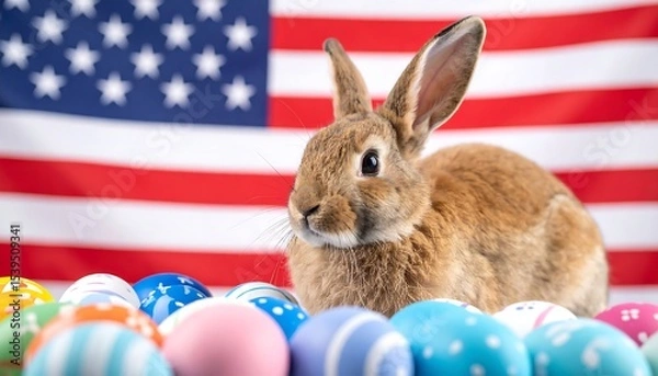 Fototapeta Easter Bunny with US Flag, and Eggs.