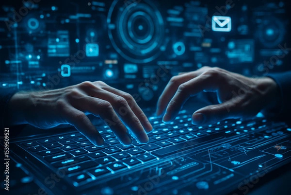 Fototapeta AI generated high tech scene showing human hands interacting with a glowing holographic keyboard surrounded by floating digital data and cyber elements in a sci-fi control room environment
