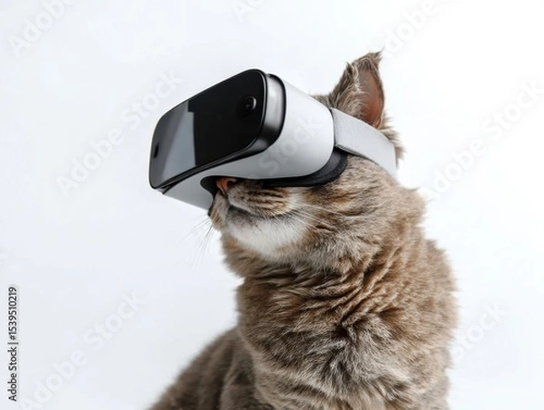 Fototapeta Cat wearing virtual reality headset, showcasing a playful fusion of technology and pets.