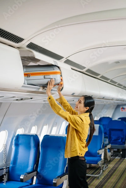 Fototapeta Attractive Asian female passenger of airplane sitting in comfortable seat while working laptop and tablet. Travel in style, work with grace.