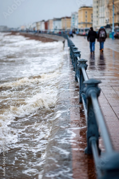 Obraz Beach and promenade flooded by sea in a stormy weather