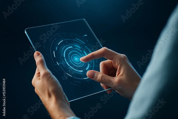 Fototapeta AI generated hands interacting with a transparent smart screen featuring holographic HUD interface rings data layers and glowing controls in a high tech environment