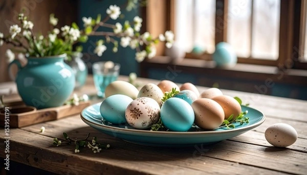 Fototapeta Easter eggs rustic table spring.
