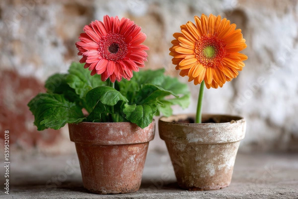 Obraz Two Gerbera Daisy plants, one alive and one dead in terra cotta pots