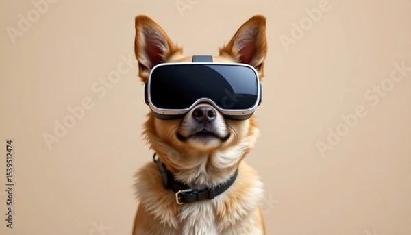 Fototapeta high quality, a dog wearing vr glasses, positioned at the bottom of the image, with clear copy space at the top.