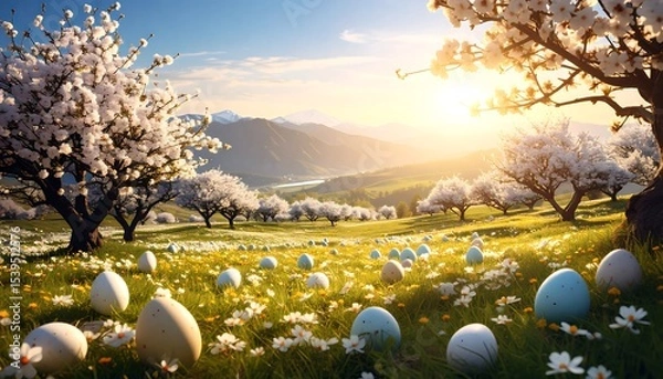 Fototapeta Easter eggs with blossom trees, and sunset.