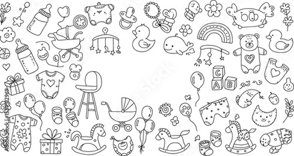 Obraz Baby doodle icon set in hand-drawn black and white style, featuring toys, bottles, strollers, clothes, and accessories, perfect for baby shower, nursery, and design use.