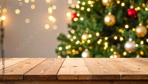 Obraz Wooden table with Christmas bokeh background.