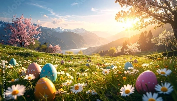 Fototapeta Easter eggs with spring meadow, and sunrise. (1)