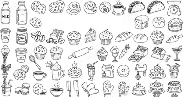 Fototapeta Hand drawn bakery food icon set, sketch style sweets, cookies, cupcakes, bread, dessert, coffee, kitchen tools, baking elements, doodle design for cafe menu illustrations.
