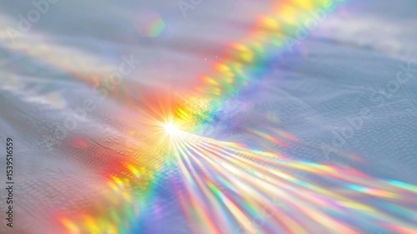 Fototapeta Close-up of glowing prism refracting sunlight into vibrant color bands on minimalist white surface, symbolizing wireless frequency allocation and spectrum analysis.