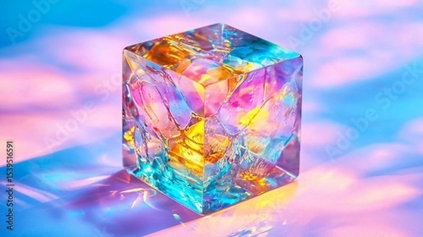 Fototapeta Close-up of glowing prism refracting sunlight into vibrant color bands on minimalist white surface, symbolizing wireless frequency allocation and spectrum analysis.