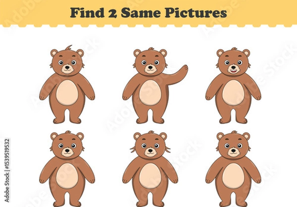 Fototapeta Funny cartoon bear. Find two same pictures. Educational game for children. Cartoon vector illustration