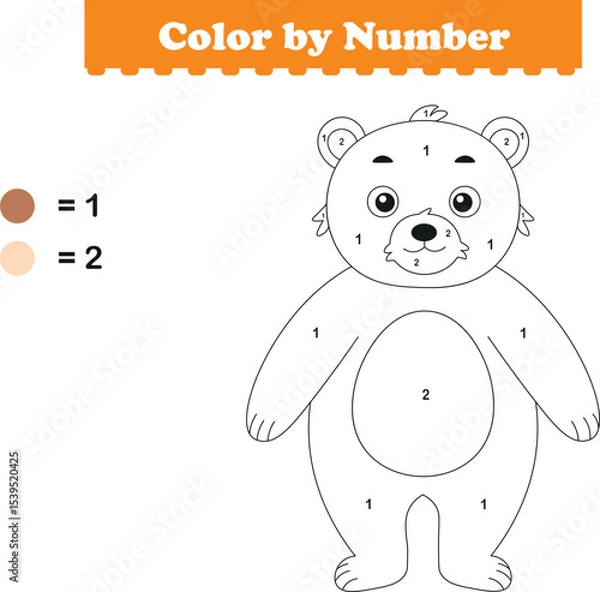 Fototapeta Color by numbers. Coloring page for kids. Coloring with cute bear. Vector illustration