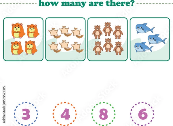 Fototapeta Counting game of wild animals for preschool kids. Printable. Vector Illustration