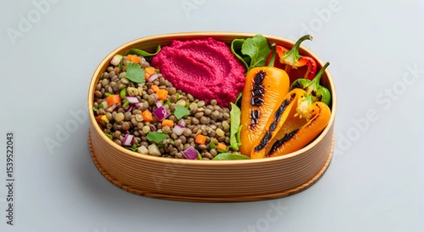 Obraz Colorful Vegan Bento Box with Lentils, Beet Hummus and Grilled Peppers