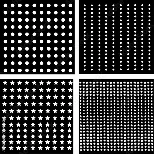 Fototapeta Four black and white geometric pattern squares with dots, stars and shapes arranged in grid layout for design backgrounds and textures