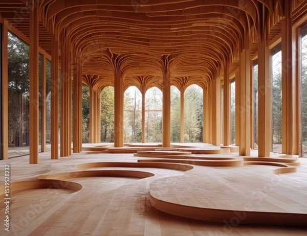 Fototapeta Wooden interior with vaulted ceiling, arched columns, and curved seating