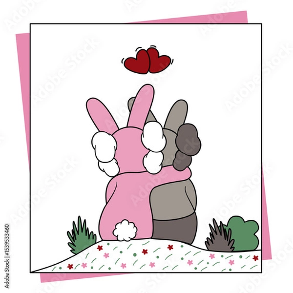 Obraz Cute of rabbit in love design for card, poster, postcard, pattern, valentine, print, fabric, printing and design work. Vector illustration.