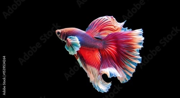 Fototapeta Vibrant Siamese Fighting Fish - A colorful Siamese fighting fish with red, pink, blue, and white fins, isolated on a black background